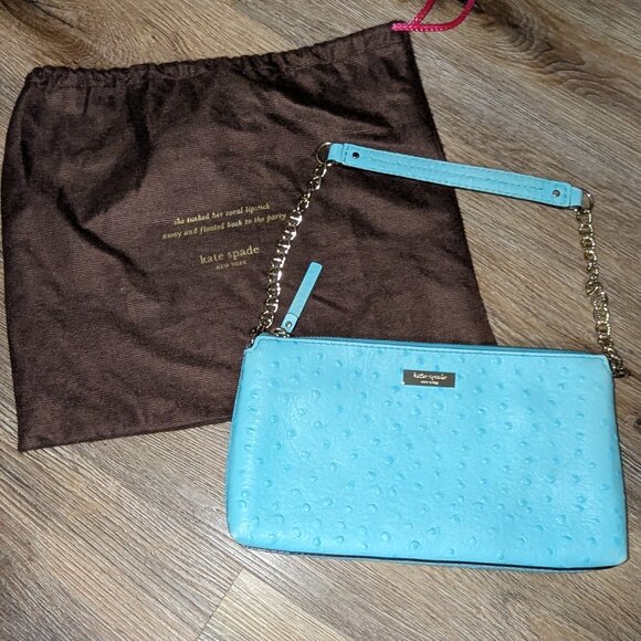 Kate Spade Wellesley Byrd Ostrich Blue Clutch Leather Purse - Picture 1 of 15